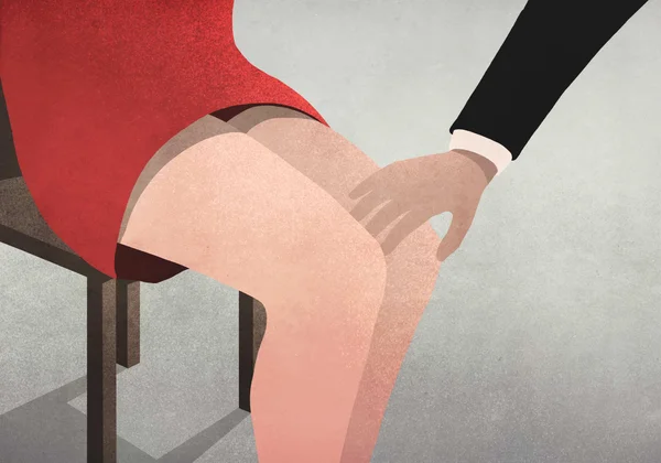 Na ilustração, homem toca em perna de mulher