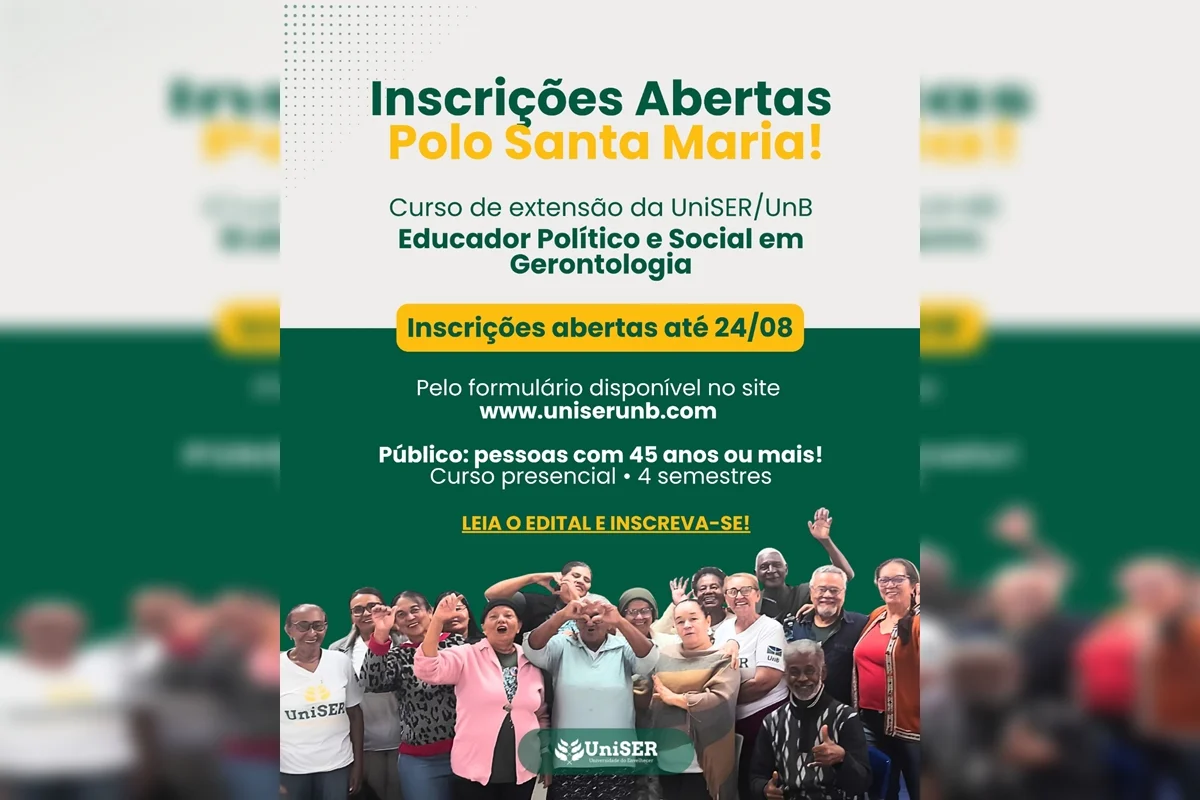 O curso de extensão Educador Político e Social em Gerontologia, oferecido pela Universidade do Envelhecer da Universidade de Brasília (UniSER/UnB), está com inscrições abertas para a unidade de Santa Maria O curso de extensão Educador Político e Social em Gerontologia, oferecido pela Universidade do Envelhecer da Universidade de Brasília (UniSER/UnB), está com inscrições abertas para a unidade de Santa Maria
