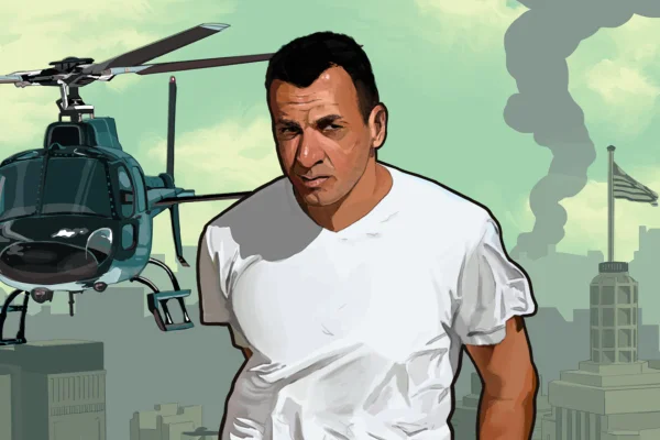 ilustração de marcola líder do PCC com helicóptero ao fundo