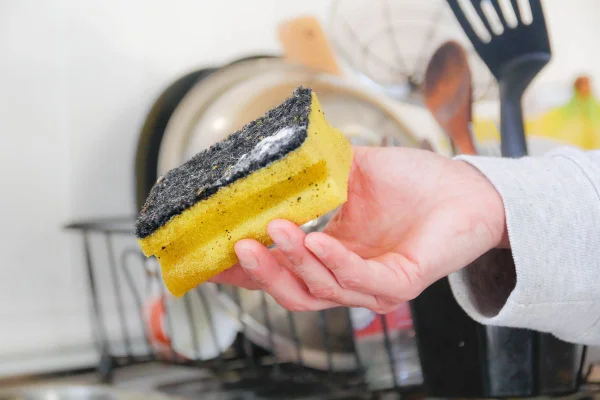 foto colorida de uma mão segurando uma esponja de lavar louça
