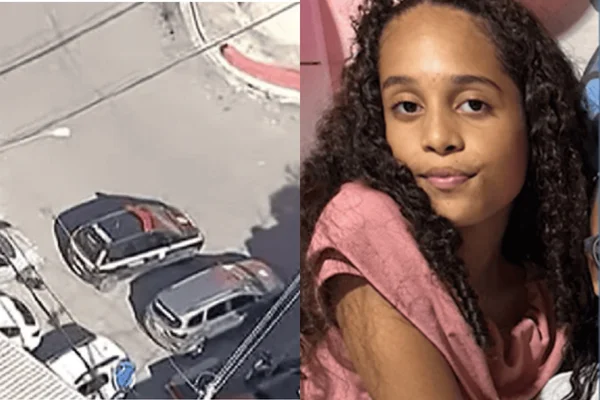 Imagem colorida de uma rua com carros e casas ao lado da menina Larissa Manuela - Metrópoles