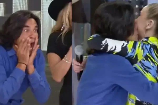 Danielle Winits invade palco de A Fazenda e beija André Gonçalves