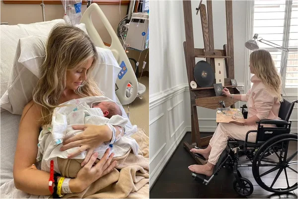 Montagem com duas fotos: na primeira, mulher segurando recém-nascido em hospital, na segunda, mesma mulher pinta quadro em cadeira de rodas