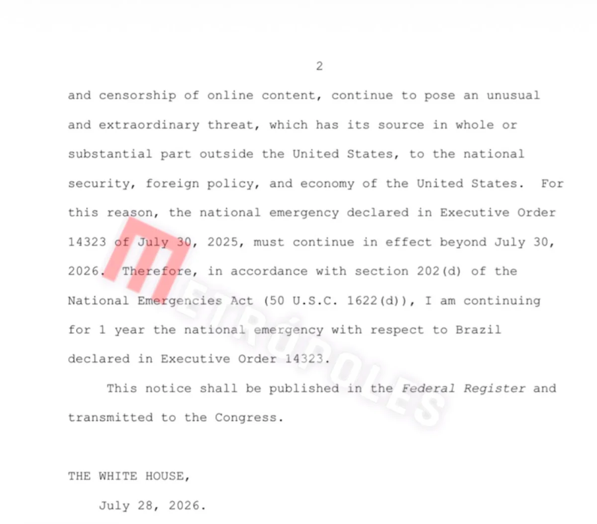 Governo Trump prorrogará estado de emergência contra o Brasil - imagem 2 Governo Trump prorrogará estado de emergência contra o Brasil - imagem 2
