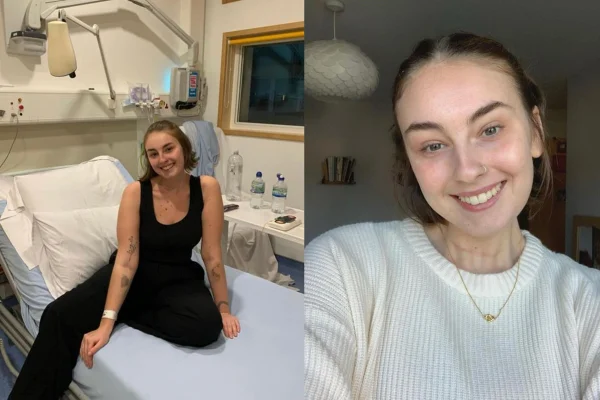 Duas fotos da americana Antonia Rubio. Na foto da esquerda ela esta sentada em uma cama de hospital sorrindo. A foto da direita é um selfie em que Antonia esta sorrindo