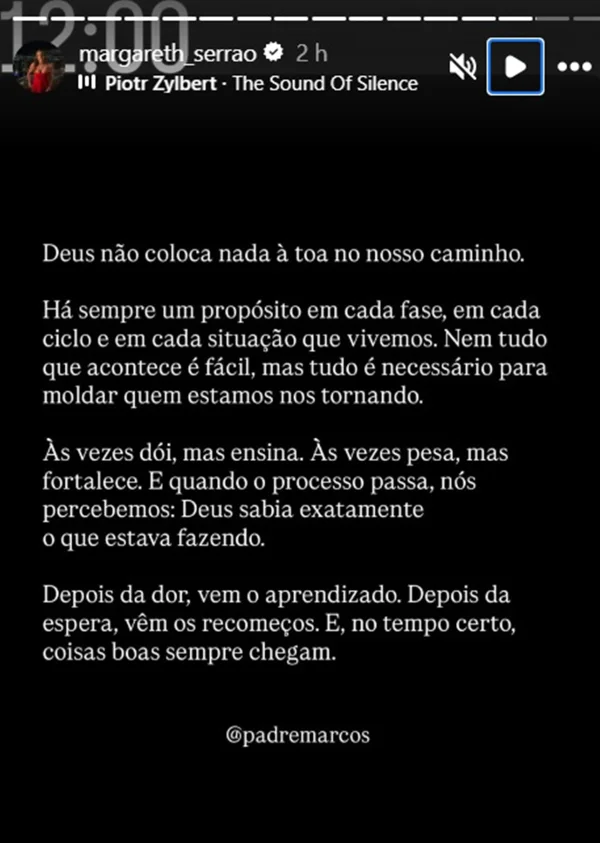 Margareth Serrão posta indireta e faz desabafo: “Dói, mas ensina” - destaque galeria Margareth Serrão posta indireta e faz desabafo: “Dói, mas ensina” - destaque galeria