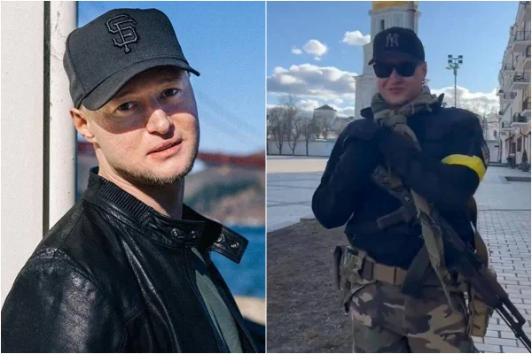 Andriy Khlyvnyuk, da banda Boombox, em fotos justapostas. Na direita, ele olha para câmera em foto como cantor. Na esquerda, ele posa armado para lutar pela Ucrânia na invasão russa - Metrópoles
