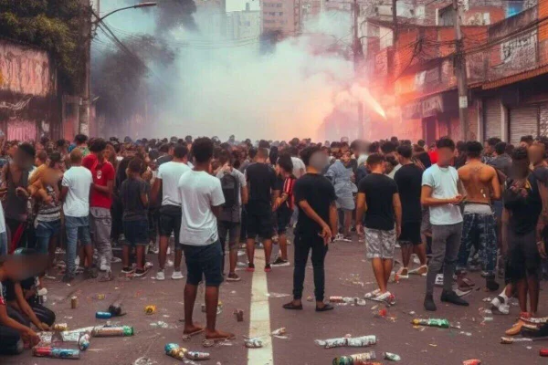 Imagem colorida mostra aglomeração de pessoas em rua durante baile funk - Metrópoles