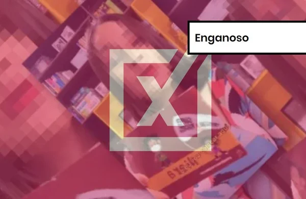 Imagem colorida sobre post que engana ao indicar que cartilha contrária a Bolsonaro é distribuída pela rede de ensino