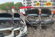 Veículo que foi atingido frontalmente também teve sua parte da frente bastante danificada Veículo que foi atingido frontalmente também teve sua parte da frente bastante danificada