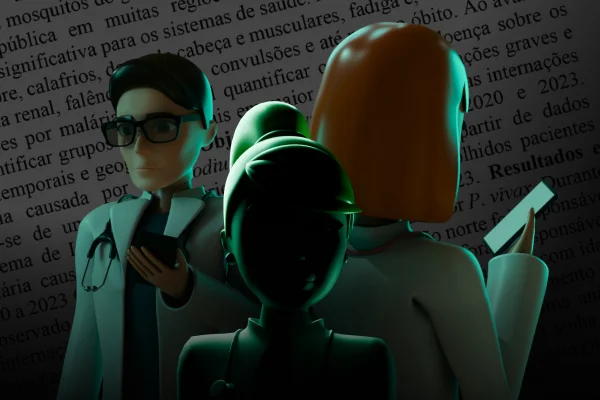 Ilustração mostra quatro bonecos no estilo playmobil vestidos com jalecos brancos