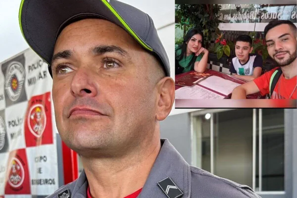 Foto colorida de bombeiro militar fardado, com estaque na lateral de mulher, criança e jovem em mesa de restaurante - Metrópoles