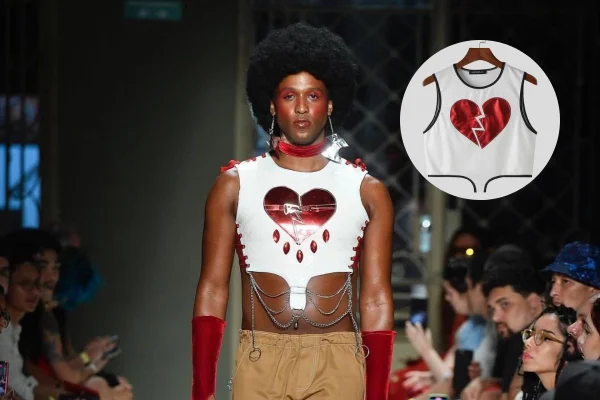 Na imagem com cor, foto de desfile da Casa de Criadores - metrópoles