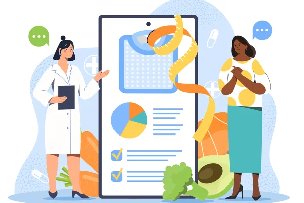 Ilustração mostra nutricionista conversando com paciente sobre emagrecer - Metrópoles