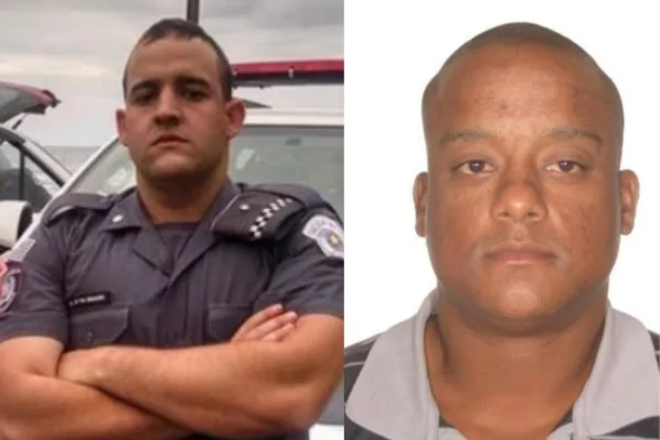 Montagem com dias fotos. Esquerda, PM branco fardado, de cabelos curtos, sem barba, com os braços cruzados. Do outro lado, homem pardo, careca, sem barba - Metrópoles
