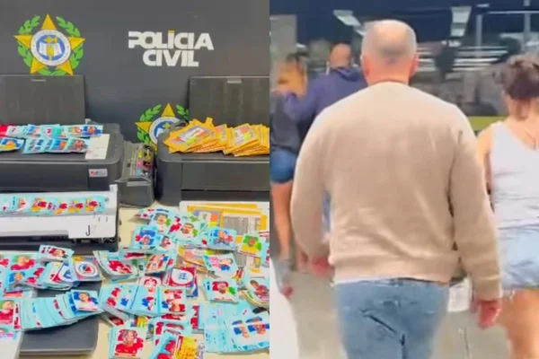 Montagem com fotos coloridas de figurinhas falsas apreendidas e mulheres presas - Metrópoles