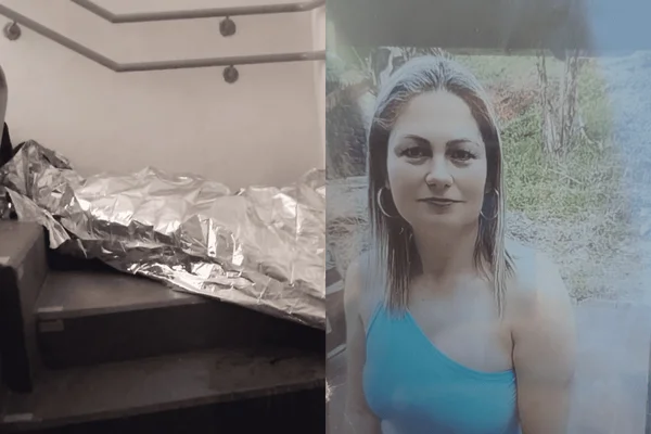 Colagem colorida de uma mulher loira encontrada morta com o rosto queimado em uma escada de emergência de um prédio - Metrópoles