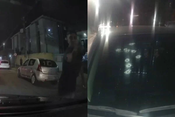 montagem com foto de homen atirando contra carro e foto de carro baleado - metrópoles