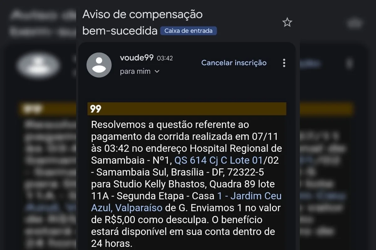 Ao reportar o caso ao aplicativo 99 Pop, Hudson recebeu somente R$ 5 e um pedido de desculpas pelo cancelamento da corrida Ao reportar o caso ao aplicativo 99 Pop, Hudson recebeu somente R$ 5 e um pedido de desculpas pelo cancelamento da corrida