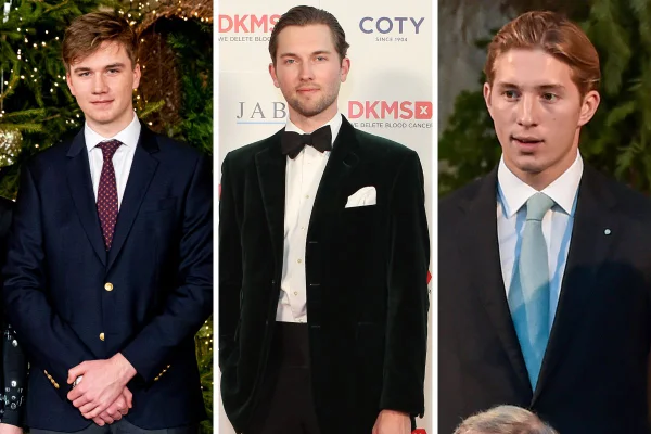 Foto colorida com montagem de três homens brancos e loiros. Eles usam terno preto - Metrópoles