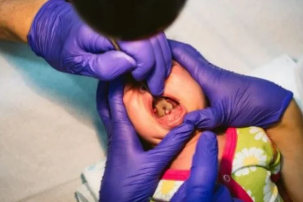 Foto mostra bebê sendo examinado no teste da linguinha por dois médicos que usam luvas roxas para frenotomia