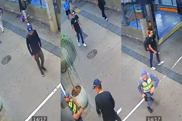 Câmeras de monitoramento flagraram homem se aproximando de dois PMs em patrulhamento na avenida e depois tentando pegar a arma de um deles