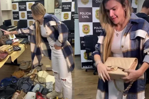 Foto colorida de de Mirella Santos em delegacia