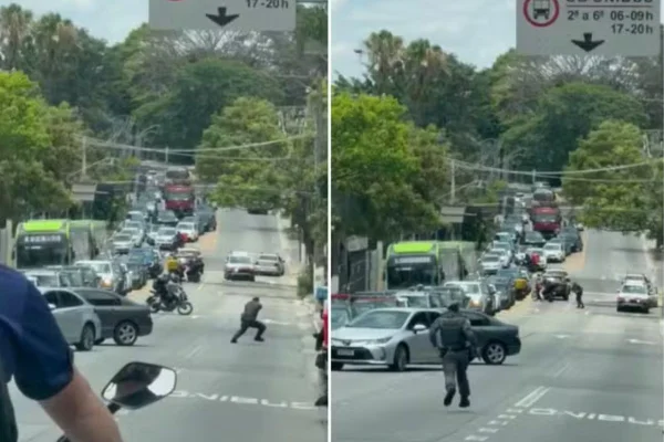 Um dos suspeitos do roubo à farmácia morreu durante o tiroteio com a Polícia Militar. Assaltantes renderam clientes e funcionários do local - Metrópoles