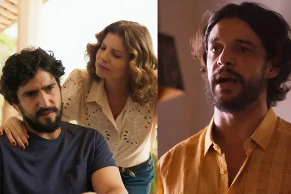 Montagem colorida de Tertulinho, Deodora e Maruan (esquerda e direita, respectivamente), personagens da novela Mar do Sertão - Metrópoles