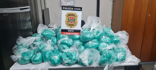 Imagem colorida de várias sacolas plásticas azuis sobre uma mesa, juntas de uma placa com brasão do departamento de investigação - Metrópoles