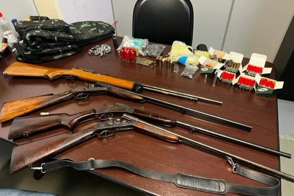 Imagem colorida de armas em cima da mesa. Metrópoles
