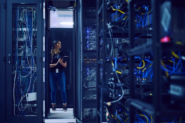 EUA, Utah, St. George, Técnica feminina em pé na sala de servidores em um data center