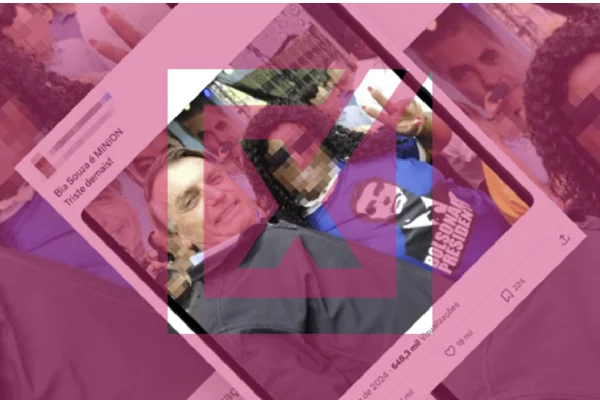 Print de postagem enganosa em que internauta afirma que mulher ao lado de Bolsonaro é a judoca Bia Souza, com camada de conteúdo enganoso. - Metrópoles