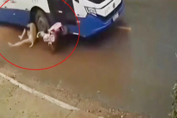 Imagem colorida de mãe e filha sendo arrastadas por ônibus - Metrópoles