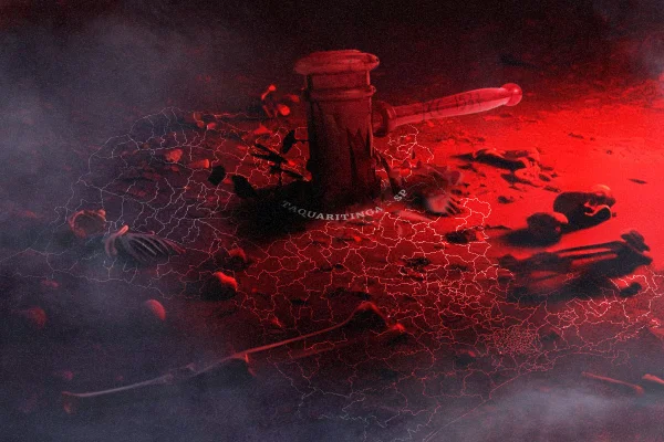 Arte gráfica de martelo da justiça sobre mapa de São Paulo, tudo vermelho - Metrópoles