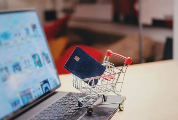 Imagem colorida de carrinho de compras e cartão de crédito - Metrópoles
