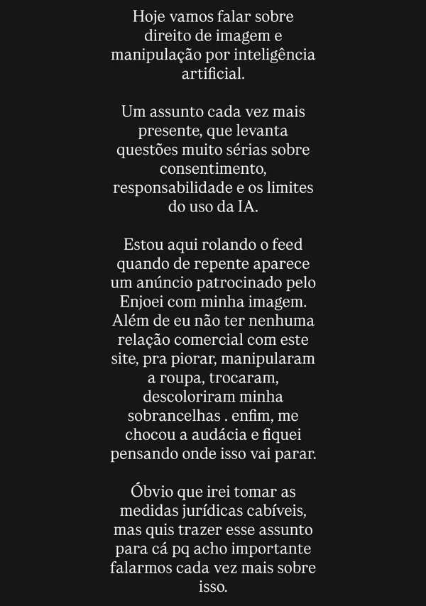 Silvia Braz denuncia uso indevido de sua imagem com IA: “Audácia” - destaque galeria Silvia Braz denuncia uso indevido de sua imagem com IA: “Audácia” - destaque galeria