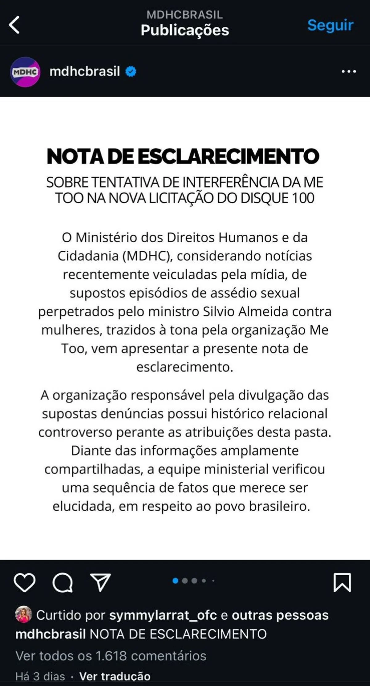 Nota publicada no perfil do MDHC que foi excluída Nota publicada no perfil do MDHC que foi excluída
