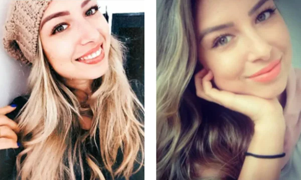 montagem com duas fotos de uma jovem loira fazendo selfie
