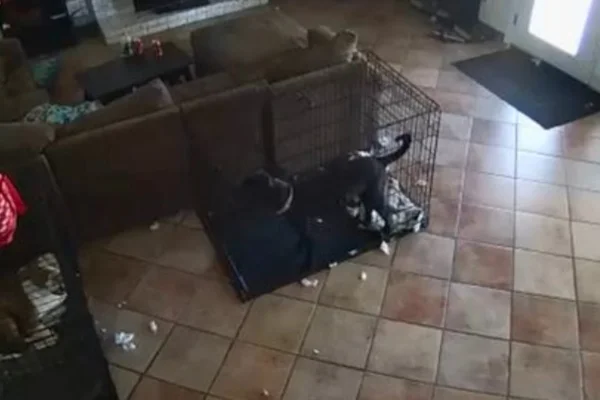 cachorro preso em gaiola