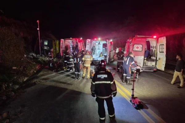 Bombeiros trabalham em local de acidente em Minas Gerais que ônibus tombou e deixou cinco mortos
