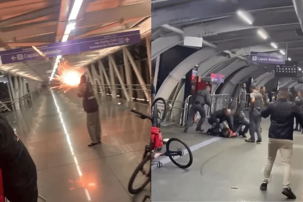 Entregadores soltam rojões em manifestação contra guardas na Linha 5-Lilás