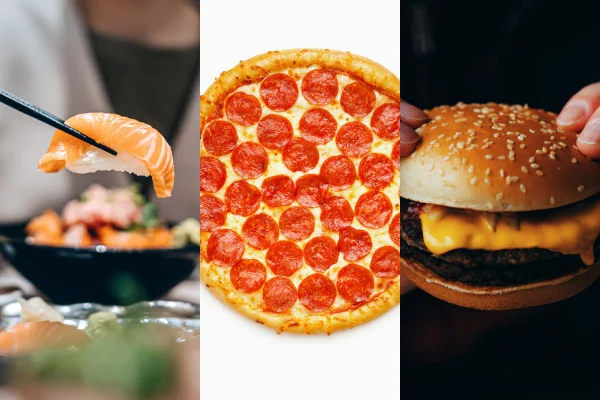 Sushi, pizza e hambúrguer