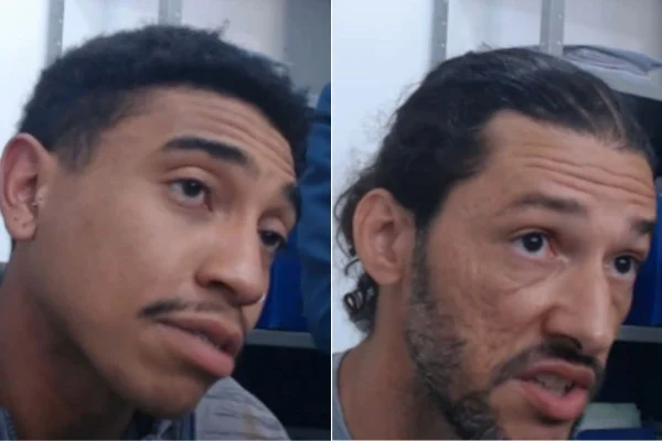 Montagem colorida do momento em que Vitor de Freitas Gonçalves (à esquerda) e Maicon Fernandes Cintra (à direita) prestam depoimento à Polícia Civil.