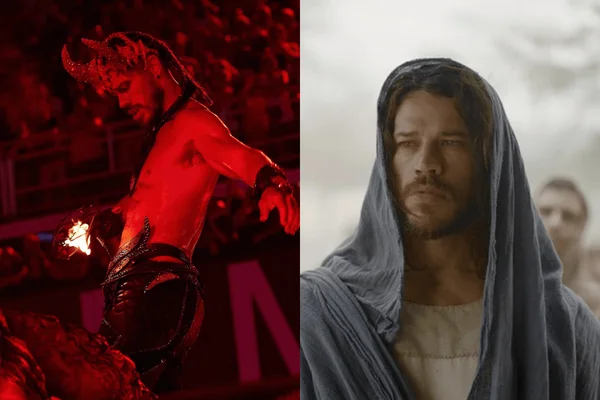 Montagem colorida de José Loreto como diabo e Jesus