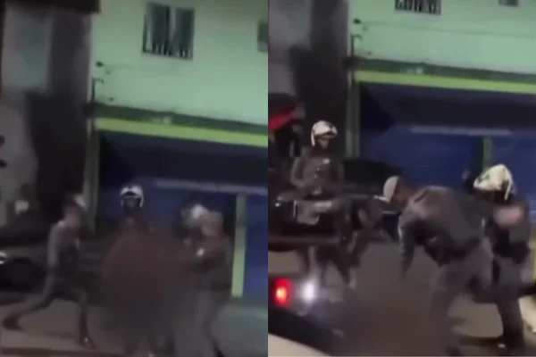 Colagem colorida de PMs agredindo homem durante abordagem em Operação Paz e Proteção - Metrópoles