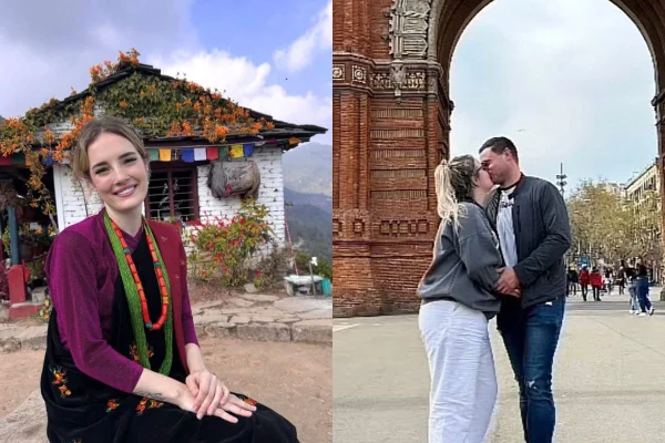 Montagem de mulher com homem em viagem
