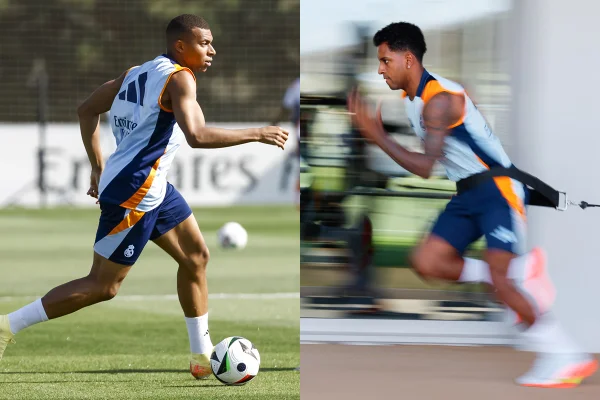 Foto colorida de Mbappé e Rodrygo - Metrópoles