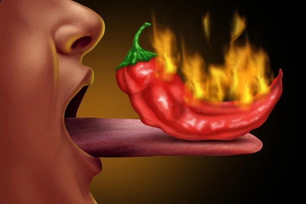 Ilustração colorida de língua sob pimenta pegando fogo - Metrópoles.