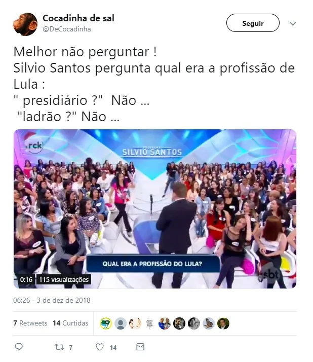 “Ladrão”, diz mulher sobre profissão de Lula a Silvio Santos - imagem 3 “Ladrão”, diz mulher sobre profissão de Lula a Silvio Santos - imagem 3